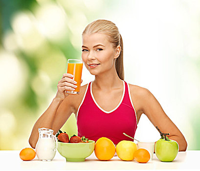 健身,节食,卫生保健,概念,微笑,少妇,健康,早餐,喝,橙汁