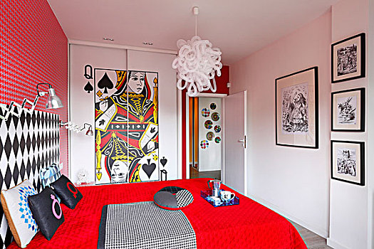 红色,卧室,纸牌,创意,正面,合适,衣柜,画廊,黑白,艺术品