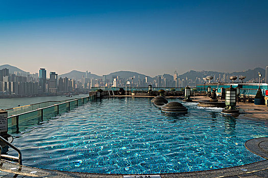 游泳池,屋顶,港口,大酒店,天际线,背影,九龙,香港,中国,亚洲