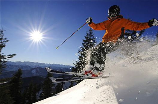 滑雪者,滑雪,滑雪道,山,巴伐利亚阿尔卑斯山,巴伐利亚,德国,欧洲