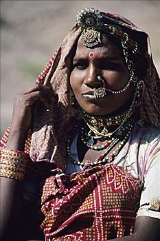 印度,拉贾斯坦邦,乡村,女人,戴着,鼻环,精致,饰品