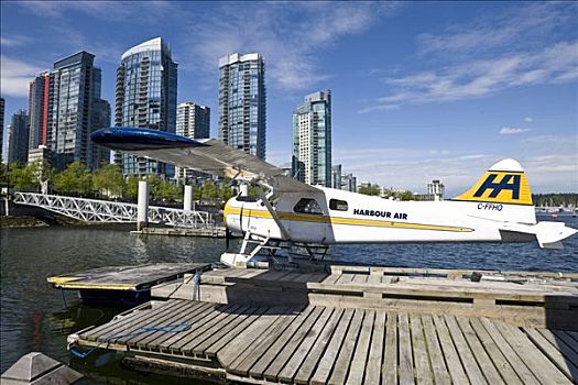 水上飞机,系,码头,背影,高层建筑,珊瑚,港口,温哥华,不列颠哥伦比亚省,加拿大,北美