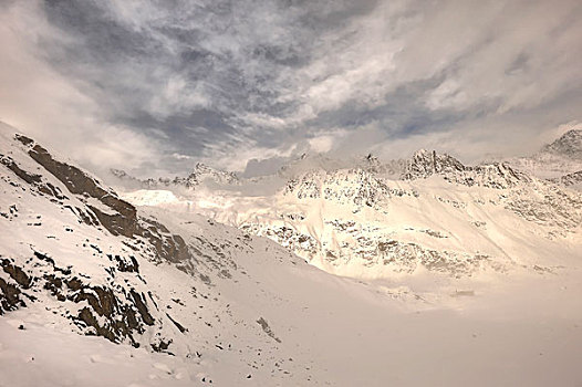 亮光,积雪,阿尔卑斯山,看,山谷