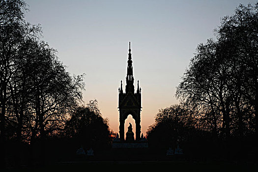 英国,伦敦,肯辛顿,肯辛顿花园,日落,后面,阿尔伯特亲王纪念碑