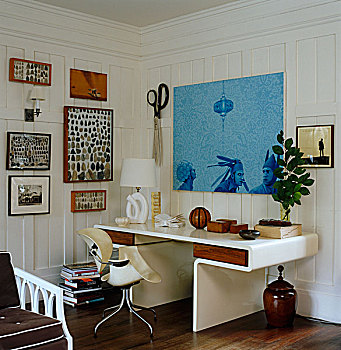 框架,收集,蓝色,绘画,悬挂,墙壁,学习,70年代,书桌,椅子