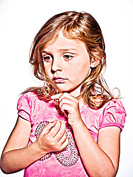 画像的女孩,穿,粉红色的衬衫,寻找到一边,在白色背景