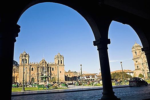 游客,走,正面,大教堂,库斯科市,秘鲁