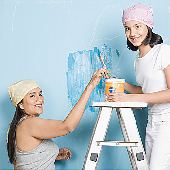 女人,女儿,绘画,墙壁