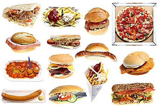 多样,快餐,食物,汉堡包,香肠,炸薯条,比萨饼,土耳其烤肉,热狗,炸肉排,三明治,咖哩粉,鱼肉卷