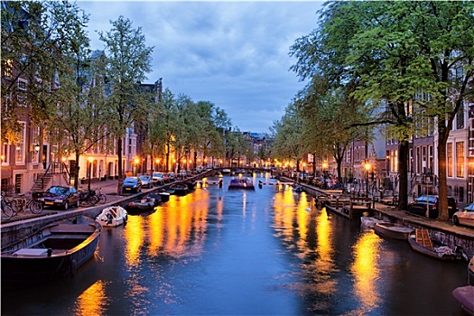 运河,阿姆斯特丹,黄昏