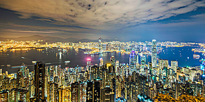 香港维多利亚港夜景全景