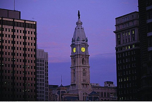市政厅,塔楼,黄昏,费城,美国