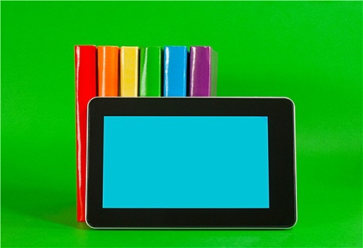排,彩色,书本,平板电脑