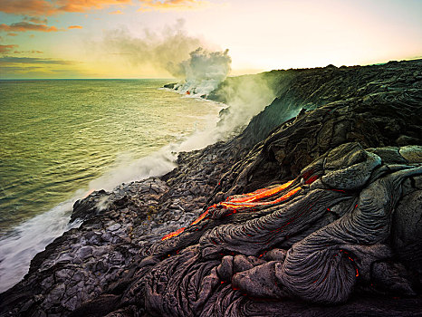 火山,火山爆发,熔岩流,红色,热,火山岩,流动,太平洋,海洋,美国,夏威夷,北美