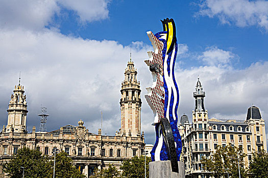 雕塑,正面,建筑,头部,贝尔港,巴塞罗那,加泰罗尼亚,西班牙
