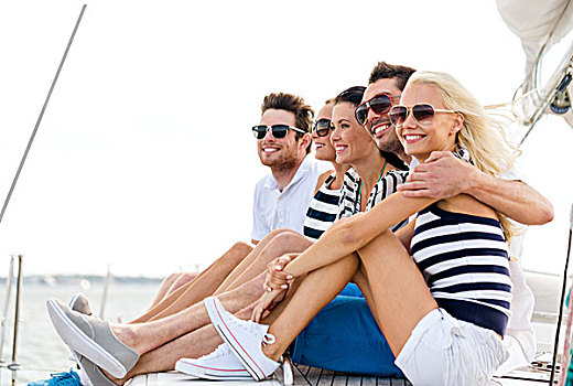 度假,旅行,海洋,友谊,人,概念,微笑,朋友,坐,游艇,甲板