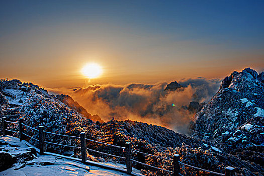 黄山,雪景,光明顶,日出,阳光,雾