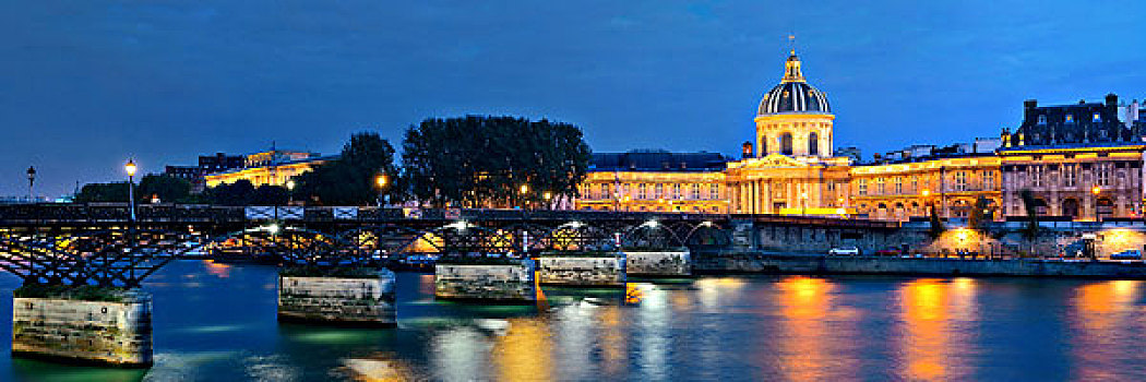 塞纳河,艺术桥,法兰西学院,全景,夜晚,巴黎,法国