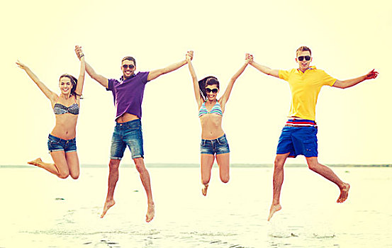 夏天,休假,度假,高兴,人,概念,群体,朋友,情侣,跳跃,海滩