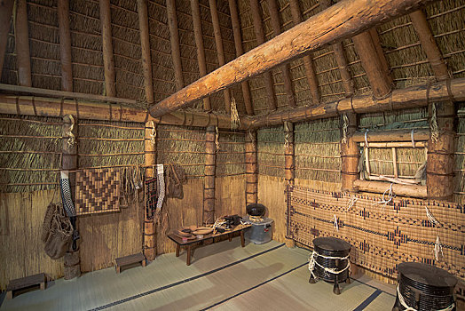 传统,室内,稻草,房子,木头,茅草屋顶,北海道,日本,亚洲