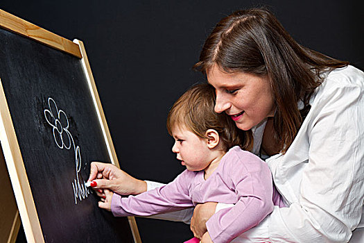 母亲,小,女儿,文字,黑板