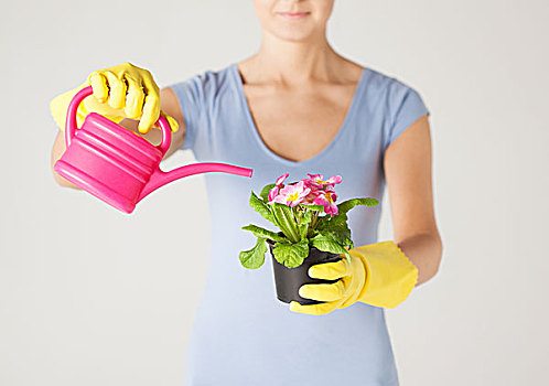 女人,拿着,容器,花,洒水壶