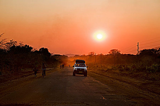 日落,汽车,途中,赞比亚,非洲