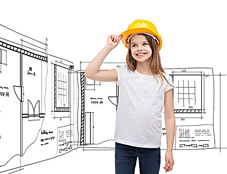 建筑,孩子,成长,概念,微笑,小女孩,头盔,白色,留白,t恤