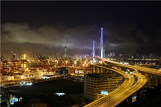 集装箱码头,桥,香港,夜晚