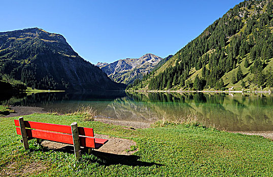 红色,长椅,远眺,湖,山峦,提洛尔,奥地利,欧洲