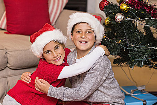 微笑,兄弟姐妹,搂抱,靠近,圣诞树