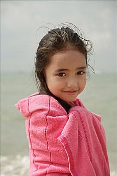 女孩,海滩,粉色,毛巾