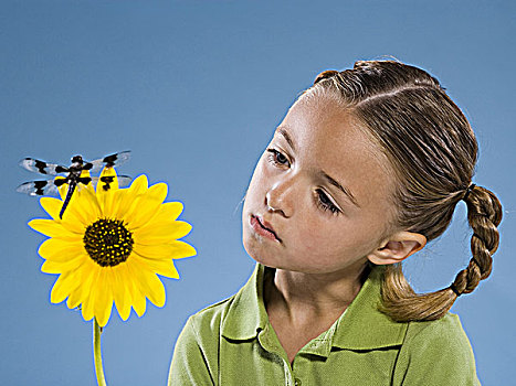 孩子,看,花,蜻蜓