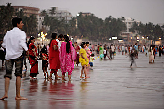 人群,走,海滩,孟买,印度