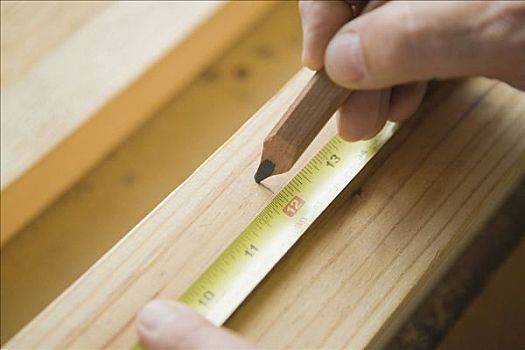 特写,手,测量,厚木板
