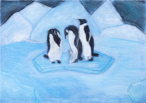 企鹅,浮冰,寒冷,蓝色,夜晚