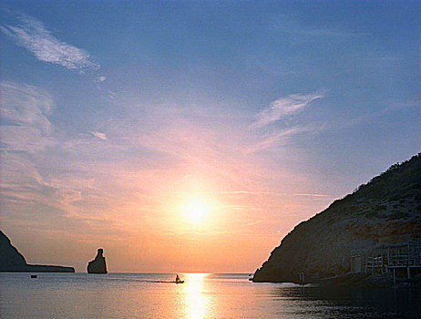 风景,湾,日落,伊比沙岛,西班牙
