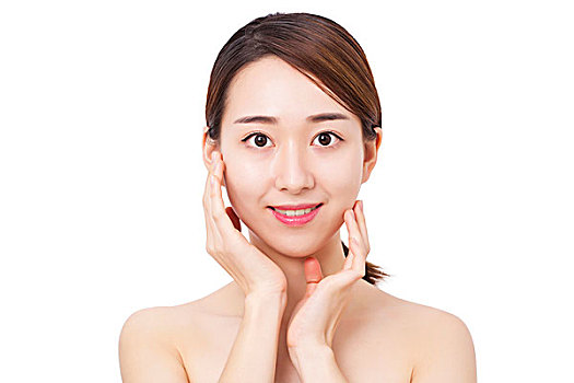 美麗的女性撫摸光滑的皮膚