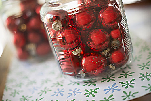 红色,玻璃球,圣诞装饰,桌面