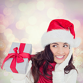 合成效果,图像,吃惊,黑发,圣诞帽,拿着,礼物,发光,圣诞节,背景