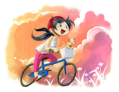 插画,女孩,猫,骑自行车