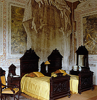 场景,遮盖,墙壁,卧室,暗色,木质,床,18世纪
