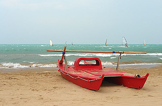 红色,双体船,海滩