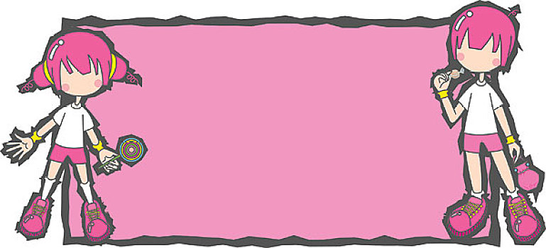 儿童插画,粉色头发,粉色短裤,粉色布鞋,棒棒糖,小女孩,白t恤,水果糖,小男孩,信纸