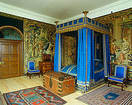 挂毯,线条,墙壁,卧室,特征,四柱床,椅子,鲜明,蓝色