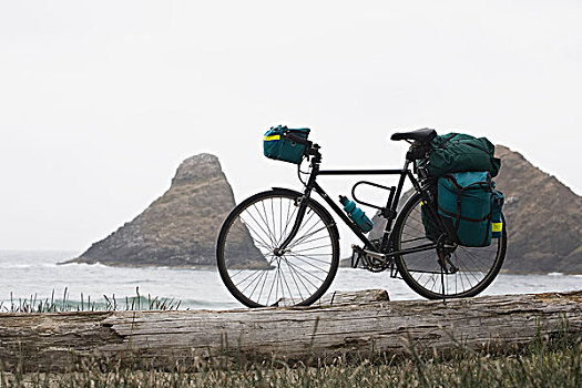 旅游,自行车,满,包,海滩,岩石构造,海洋,背景,赫西塔角,俄勒冈,美国