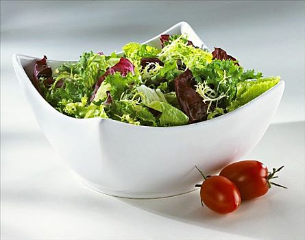 综合生菜叶,沙拉,白色,碗,两个,西红柿