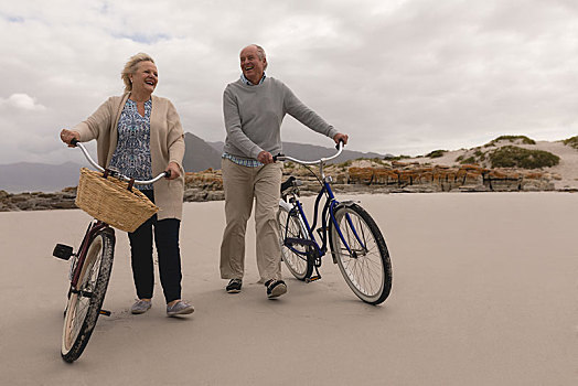 高兴,老年,夫妻,走,自行车,海滩