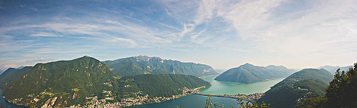 俯拍,全景,湖,卢加诺,瑞士