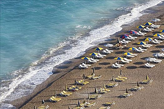 俯拍,沙滩伞,休闲椅,海滩,希腊